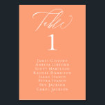 Elegant Calligraphy Peach Seating Table Card<br><div class="desc">Elegant white calligraphy "table",  with guest names listed and table number,  wedding table number card in trendy cantaloupe peach colour.</div>