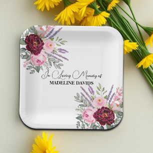 Elegant Calligraphy Peonies Funeral  Paper Plate