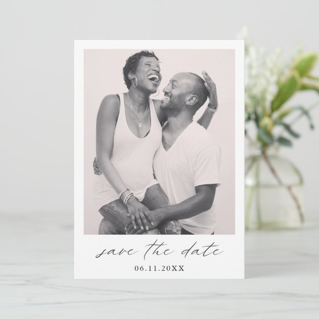Elegant Calligraphy Photo Modern Wedding Save The Date (Standing Front)