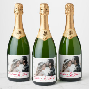 Elegant Calligraphy Photo Red Sparkling Wine Weddi Label