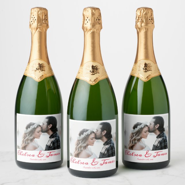 Elegant Calligraphy Photo Red Sparkling Wine Weddi Sparkling Wine Label (Bottles)