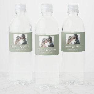 Elegant Calligraphy Photo Sage Green Wedding Water Bottle Label