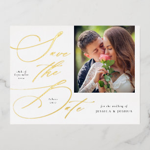 Elegant Calligraphy Photo Save the Date Gold Foil Invitation Postcard