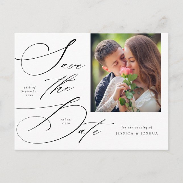 Elegant Calligraphy Photo Save the Date Postcard (Front)