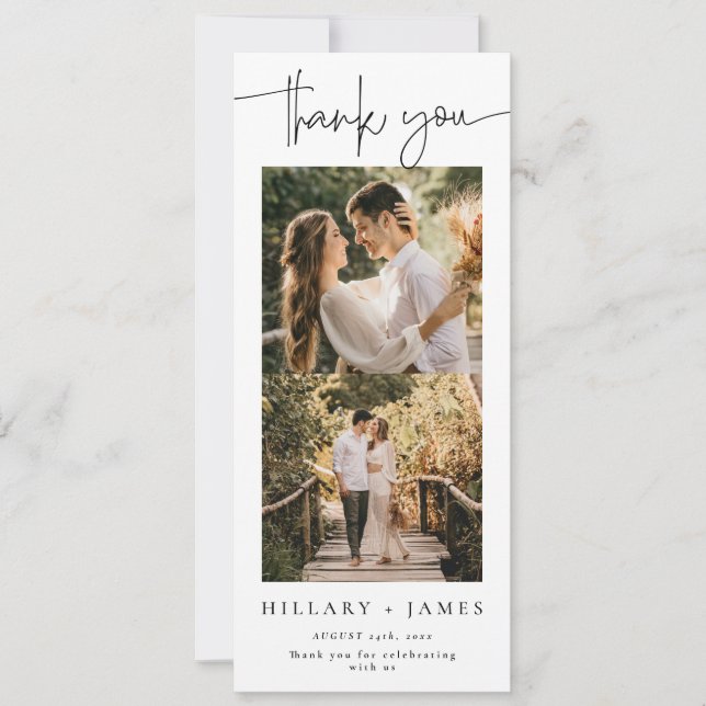 Elegant Calligraphy Photo Strip Thank you Card (Front)