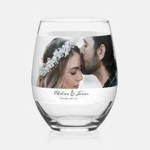 Elegant Calligraphy Photo Wedding Party  Stemless Wine Glass