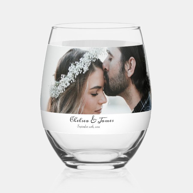 Elegant Calligraphy Photo Wedding Party  Stemless Wine Glass (Front)