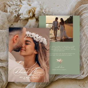 Elegant Calligraphy Photo Wedding Sage Colour Thank You Card
