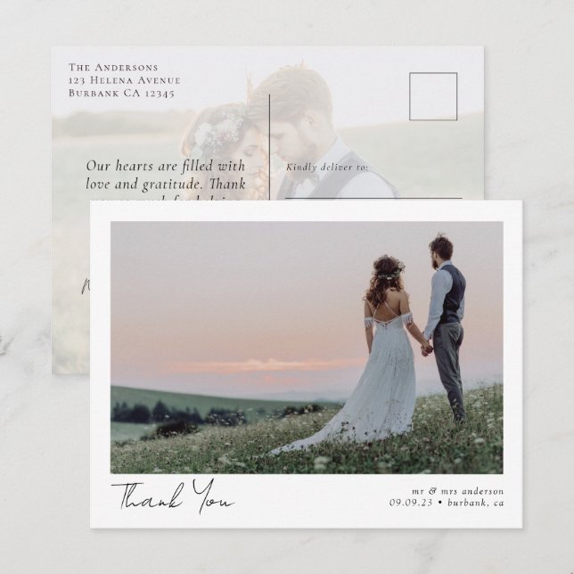 Elegant Calligraphy Photo Wedding Thank You Postcard (Front/Back)