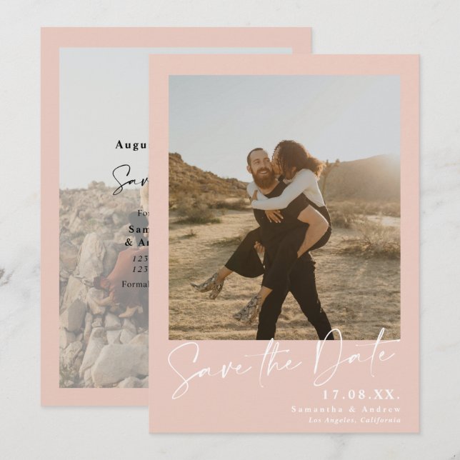 Elegant calligraphy pink 2 photos save the date (Front/Back)
