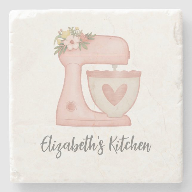 Elegant Calligraphy Pink Cake Mixer Stone Coaster (Front)