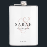 Elegant Calligraphy Pink Monogram Bridesmaid Gift Hip Flask<br><div class="desc">This lovely custom bridesmaid flask features personalized bridesmaid's name,  calligraphy monogram in light pink colour,  bride and groom's names,  and wedding date. You can easily change the background and fonts colours to match your event if you like.</div>