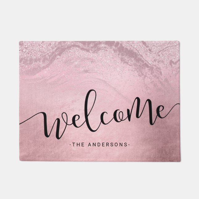 Elegant calligraphy pink rose gold glitter welcome doormat (Front)