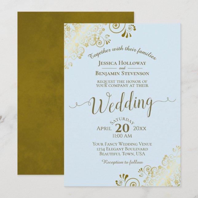 Elegant Calligraphy Powder Blue & Gold Wedding  Invitation (Front/Back)
