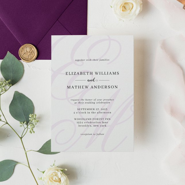 Elegant Calligraphy Purple Violet Monogram Wedding Invitation (Creator Uploaded)