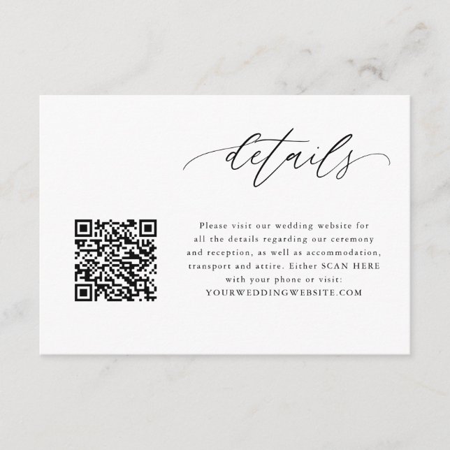 Elegant Calligraphy QR Code Wedding Details Cards (Front)