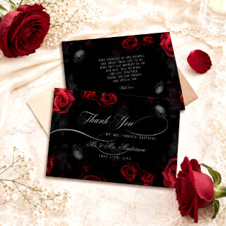 Elegant Calligraphy Red Black Floral Wedding Thank You Card