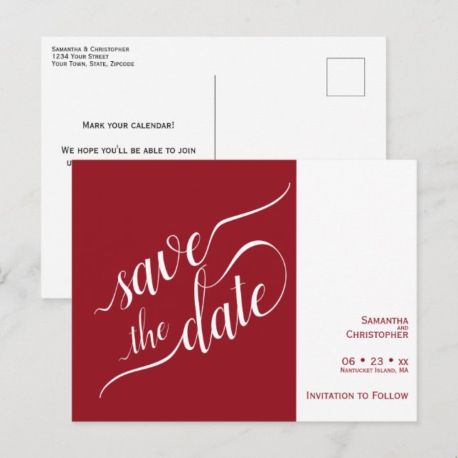 Elegant Calligraphy Red Wedding Save the Date Announcement Postcard (Front/Back)