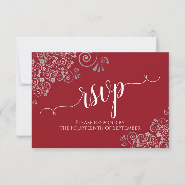 Elegant Calligraphy Red with Silver Frills Wedding RSVP Card (Front)