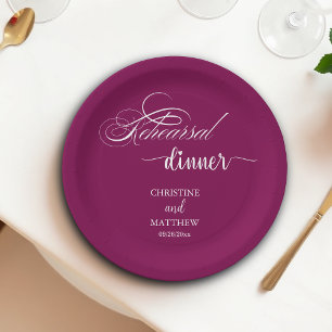 Elegant Calligraphy Rehearsal Dinner Wine Paper Plate