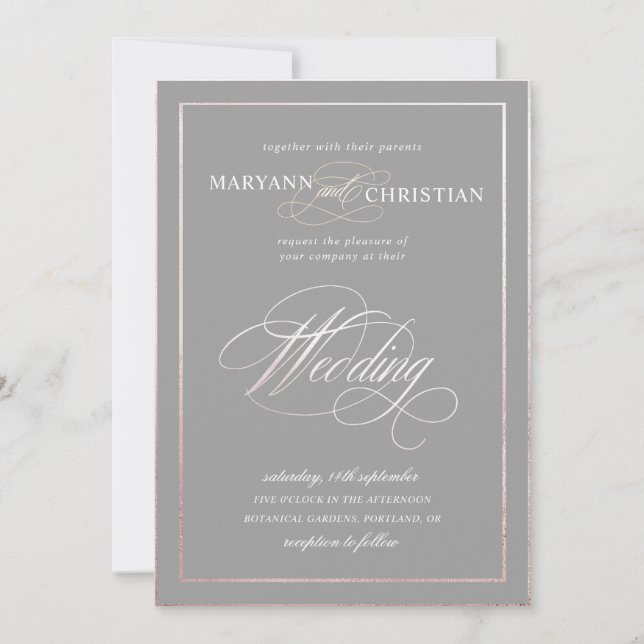 elegant calligraphy rose gold grey wedding invitation (Front)