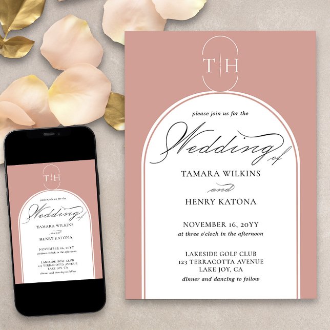 Elegant Calligraphy Rose Gold Monogrammed Wedding Invitation (Elegant monogrammed rose gold wedding invitation from my Wedding Colors collection)