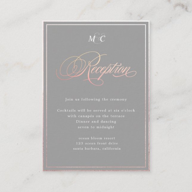 Elegant Calligraphy rose gold Reception Enclosure Card (Front)