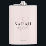 Elegant Calligraphy Rose Monogram Bridesmaid Gift Hip Flask<br><div class="desc">This lovely custom bridesmaid flask features personalized bridesmaid's name,  calligraphy monogram in light rose colour,  bride and groom's names,  and wedding date. You can easily change the background and fonts colours to match your event if you like.</div>