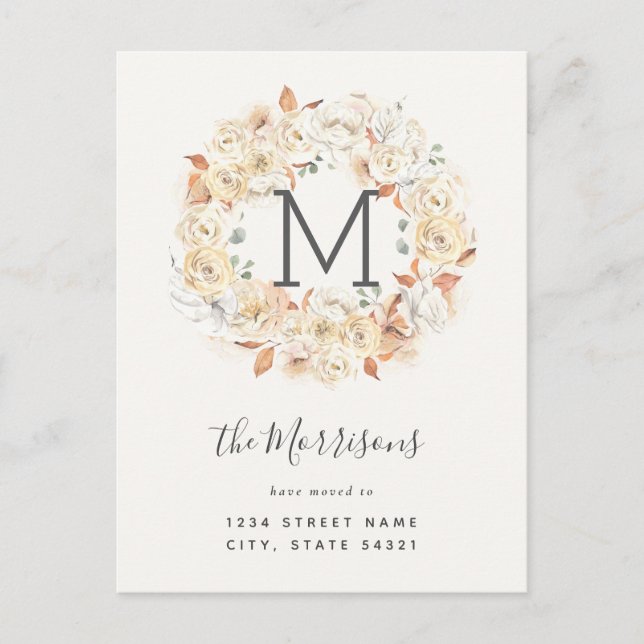 Elegant Calligraphy Roses New Address Moving Postcard (Front)