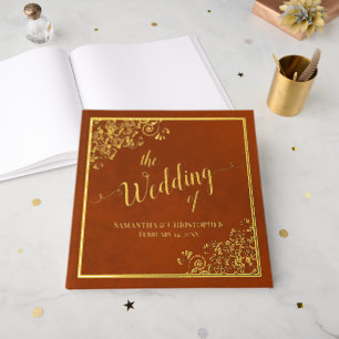 Elegant Calligraphy Rust Orange Gold Foil Wedding Guest Book
