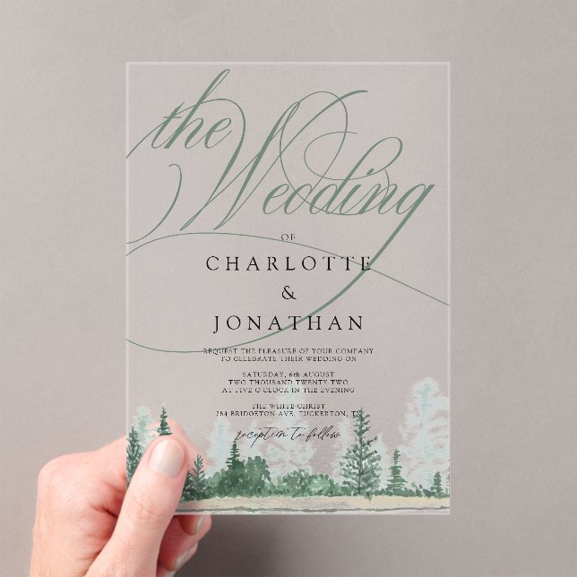 Elegant Calligraphy Rustic Forest Wedding Acrylic Invitations (Insitu (Handheld))