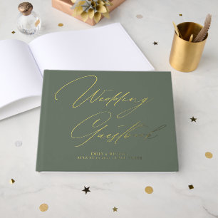 Elegant Calligraphy Sage Green Gold Foil Wedding  Guest Book
