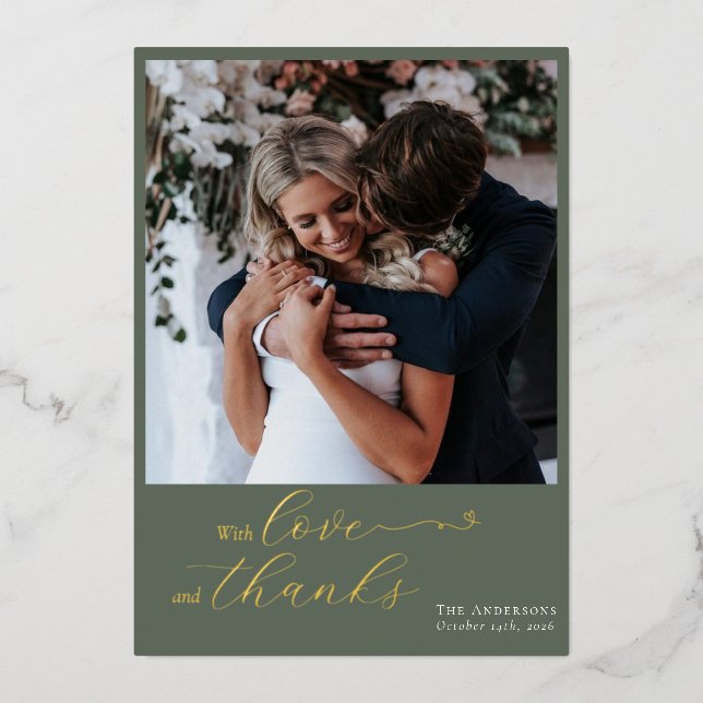 Elegant Calligraphy Sage Green Heart Photo Wedding Foil Holiday Card (Front)
