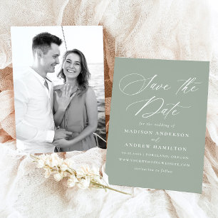 Elegant Calligraphy Sage Green Photo Wedding Save The Date