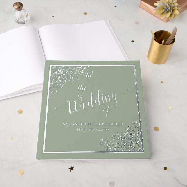 Elegant Calligraphy Sage Green Silver Foil Wedding Guest Book (Front Open)