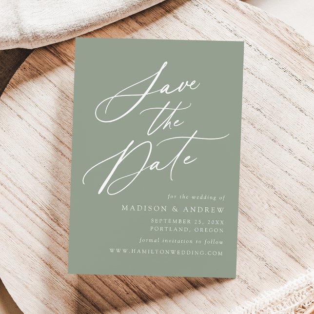 Elegant Calligraphy Sage Green Wedding Save The Date (Creator Uploaded)