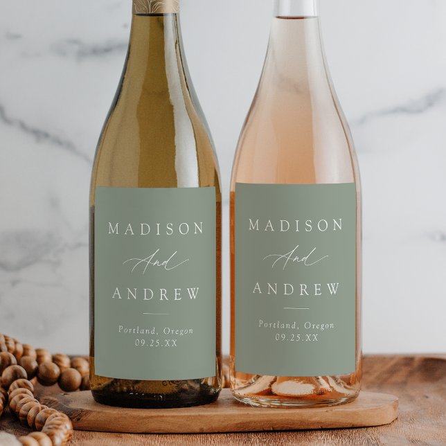 Elegant Calligraphy Sage Green Wedding Wine Label (Creator Uploaded)