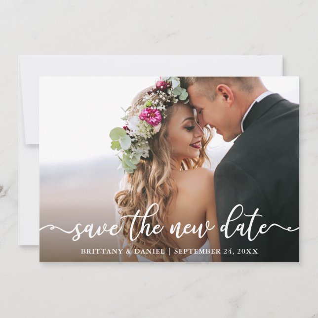 Elegant Calligraphy Save The New Date Card (Front)