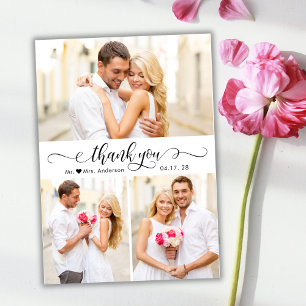 Elegant Calligraphy Script 3 Photo Collage Wedding Thank You Card