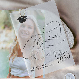 Elegant calligraphy script black cap graduation vellum invitations