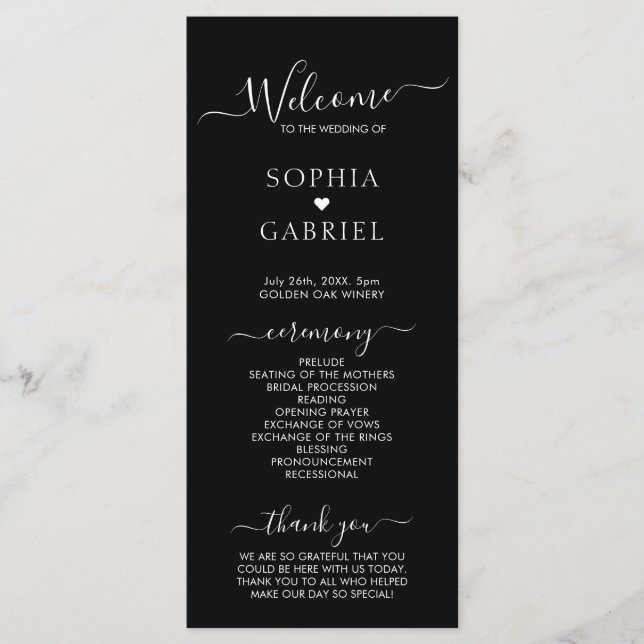 Elegant Calligraphy Script Black Wedding Ceremony Program (Front)