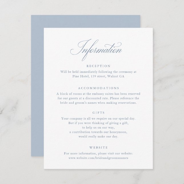 Elegant Calligraphy Script Blue Wedding Info Card (Front/Back)