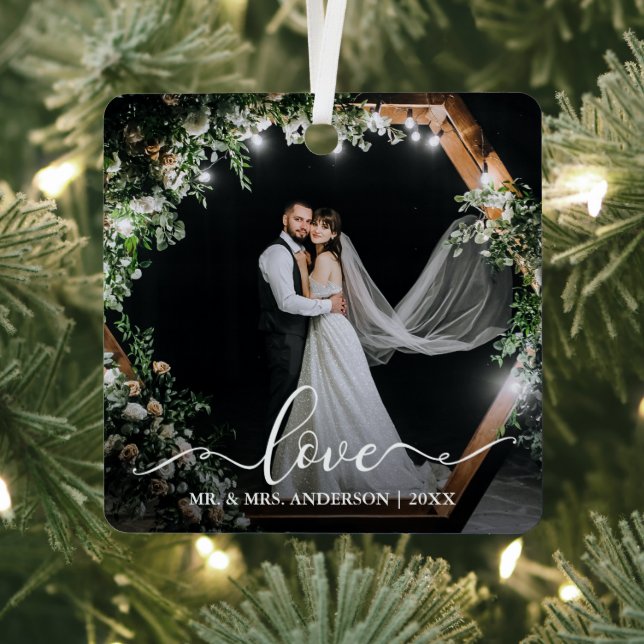Elegant Calligraphy Script Couple Photo Love Metal Ornament (Insitu)