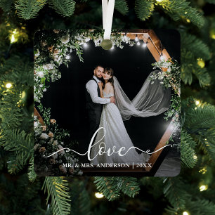 Elegant Calligraphy Script Couple Photo Love Metal Ornament