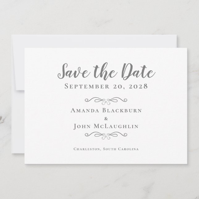 Elegant Calligraphy Script  Delicate Romantic Grey Save The Date (Front)