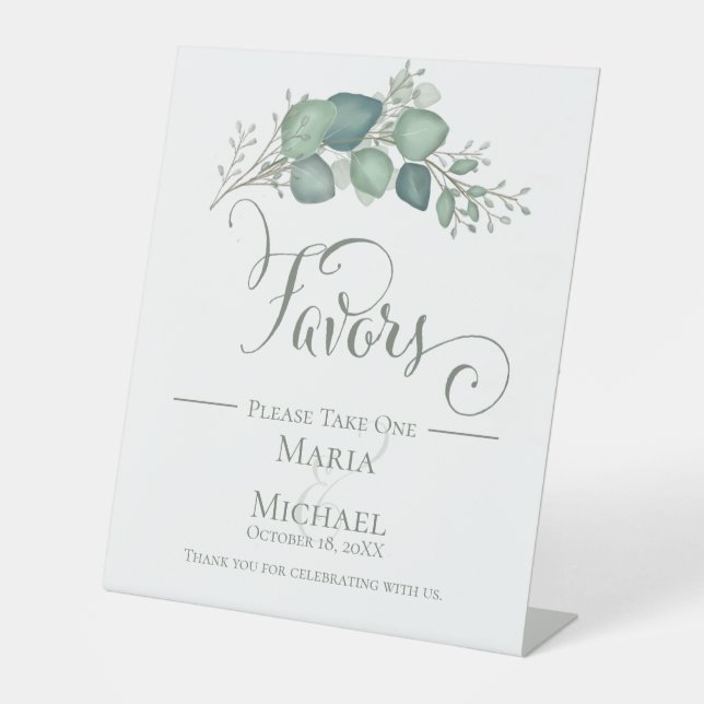 Elegant Calligraphy Script Eucalyptus Favours Pedestal Sign (Front)