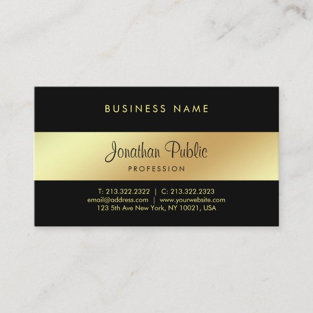 Elegant Calligraphy Script Glamour Black Gold Luxe Business Card (Front)