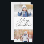 Elegant Calligraphy Script Merry Christmas 2 Photo Holiday Card<br><div class="desc">This stylish and modern Christmas photo card features elegant modern calligraphy script with two of your photos. The reverse has a falling snow pattern on red. Be sure to visit the shop to see more stylish and elegant holiday cards like this!</div>