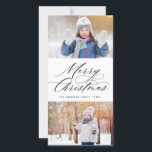 Elegant Calligraphy Script Merry Christmas 2 Photo Holiday Card<br><div class="desc">This stylish and modern Christmas photo card features elegant modern calligraphy script with two of your photos. The reverse has a falling snow pattern on red. Be sure to visit the shop to see more stylish and elegant holiday cards like this!</div>