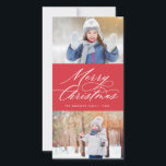 Elegant Calligraphy Script Merry Christmas 2 Photo Holiday Card<br><div class="desc">This stylish and modern Christmas photo card features elegant modern calligraphy script with two of your photos. The reverse has a falling snow pattern on red. Be sure to visit the shop to see more stylish and elegant holiday cards like this!</div>